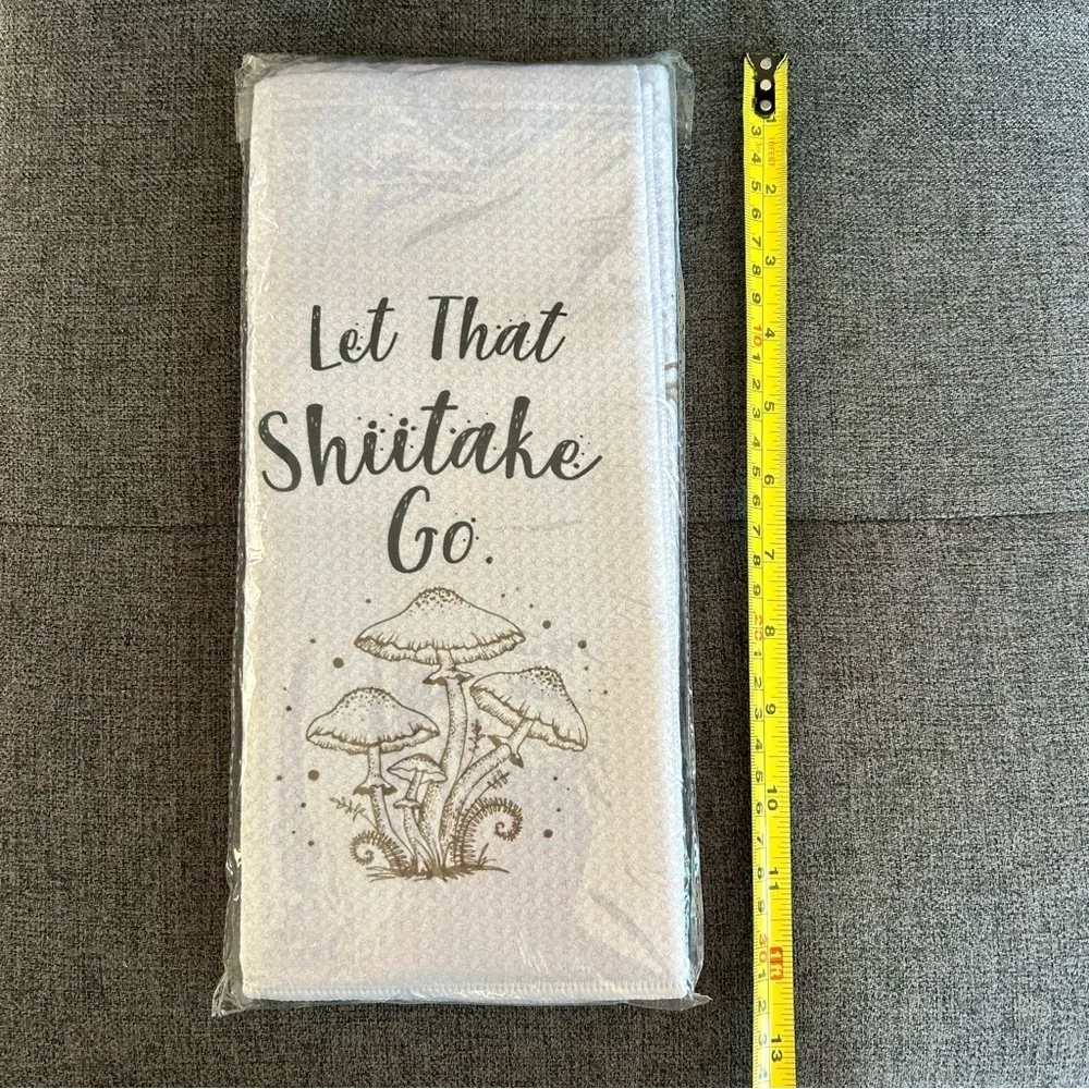 Set/2 Funny Mushroom Dishtowels (1/“Let that Shiitake Go” + 1/Print), White, Tan